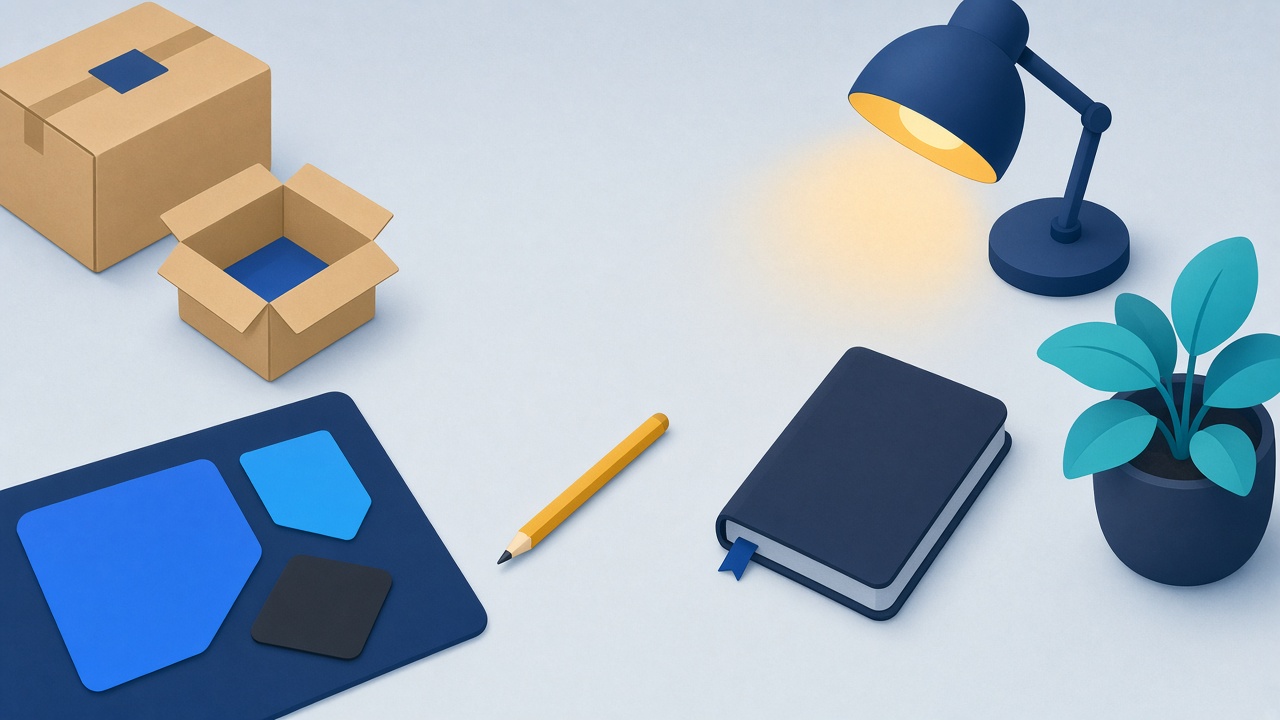 A workbench with boxes, a lamp, a notebook, and a plant